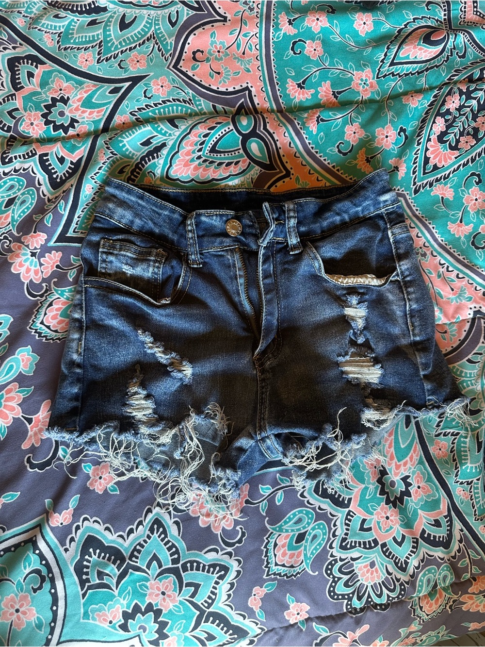 SHEIN Dark Blue Distressed Denim Cutoff Shorts